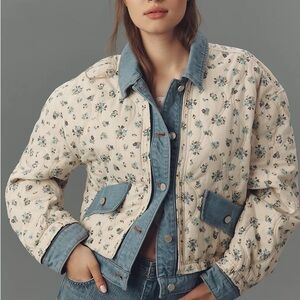 Anthropologie Cream Floral Jean Jacket